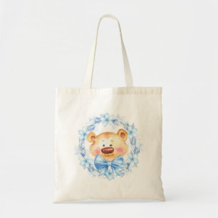 Teddy and blue flowers tote bag