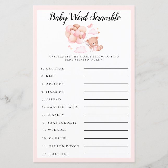 Teddy Baby Shower Pink Baby Word Scramble Game (Front)