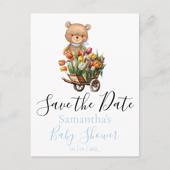 Teddy Baby Shower Rustic Flora Save the Date  Postcard (Front)