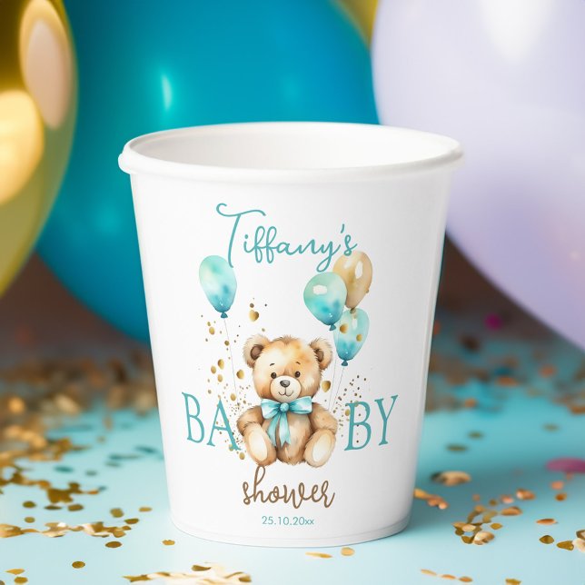 Teddy baby shower tableware cute aqua brown paper cups (Teddy baby shower tableware cute aqua brown paper cups personalized teddy bear baby shower cups)