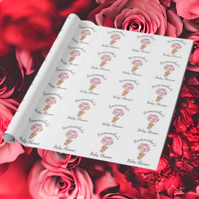 Teddy Balloon Baby Shower White  Wrapping Paper (Bring your dream party to life with our selection of quality Teddy Bear themed party supplies )
