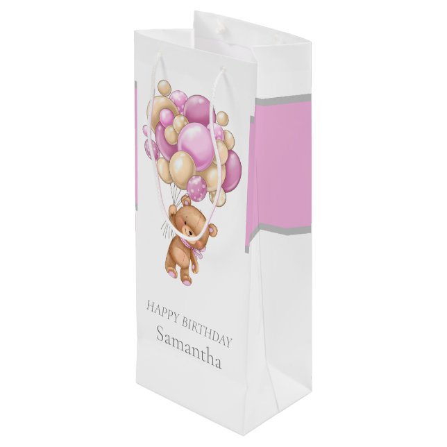Teddy Balloon Bearly Wait Birthday Girl Wine Gift Bag (Back Angled)