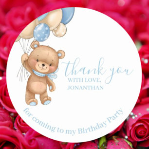 Teddy Balloons Happy Birthday Thank You Blue Boy Classic Round Sticker