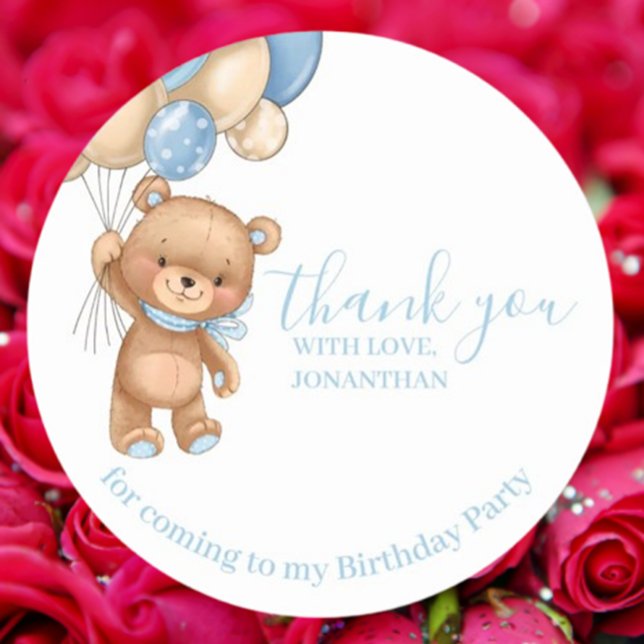 Teddy Balloons Happy Birthday Thank You Blue Boy Classic Round Sticker (Celebrate special moments with our Teddy Balloons Happy Birthday sticker!  )