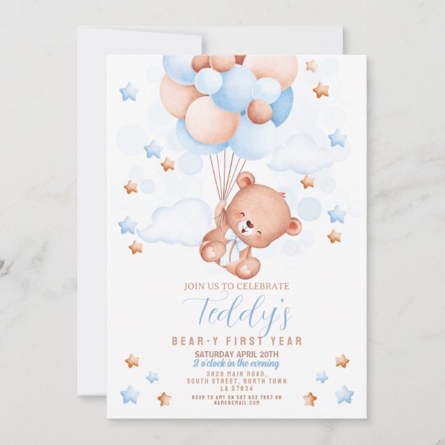 Teddy Bear 1st Birthday Bear-y First Boys Blue Invitation (Front)