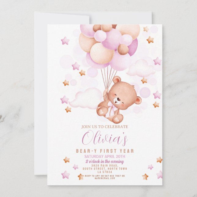 Teddy Bear 1st Birthday Bear-y First Girls Pink Invitation (Front)