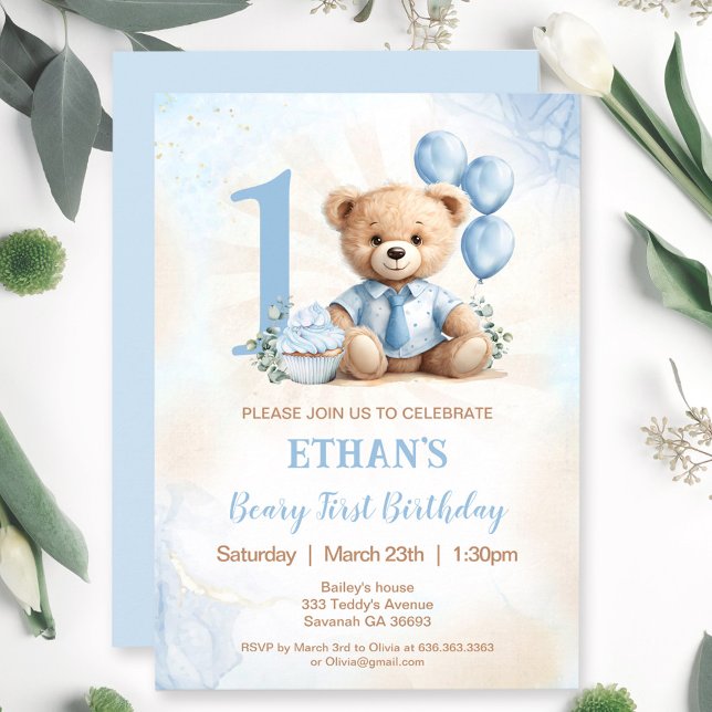 Teddy Bear 1st Birthday Blue Balloons Invitation (Teddy Bear 1st Birthday Blue Balloons Invitation)