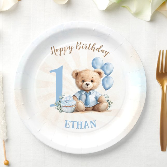 Teddy Bear 1st Birthday Blue Balloons Paper Plates (Teddy Bear 1st Birthday Blue Balloons Paper Plates)