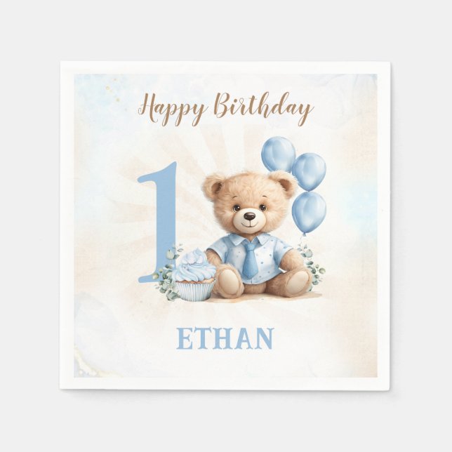 Teddy Bear 1st Birthday Blue Beige Paper Napkins (Front)