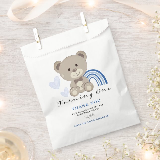 Teddy Bear 1st Birthday Blue Favour Bags (Clipped)