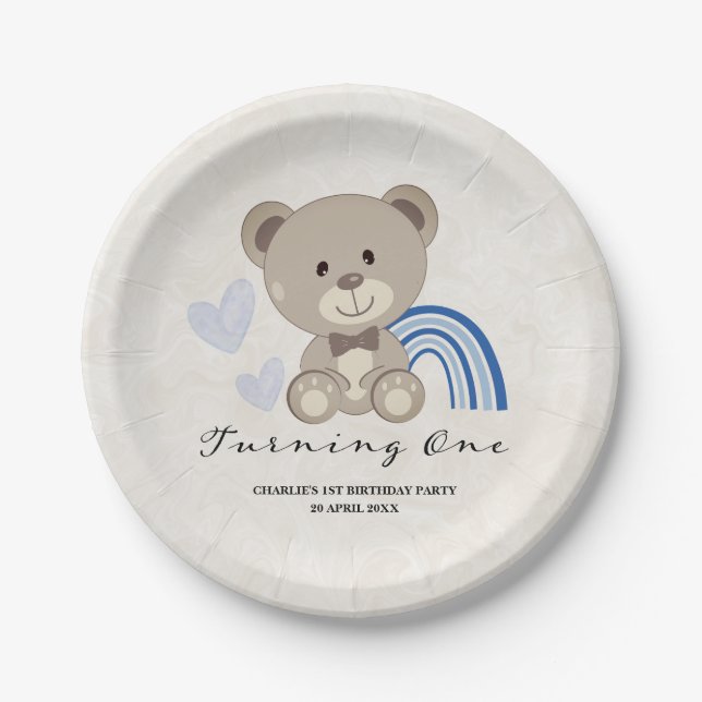 Teddy Bear 1st Birthday Blue Paper Plate (Front)