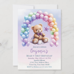 Teddy Bear 1st Birthday Colourful Balloons Invitation