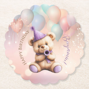 Teddy Bear 1st Birthday Colourful Balloons Paper Coaster