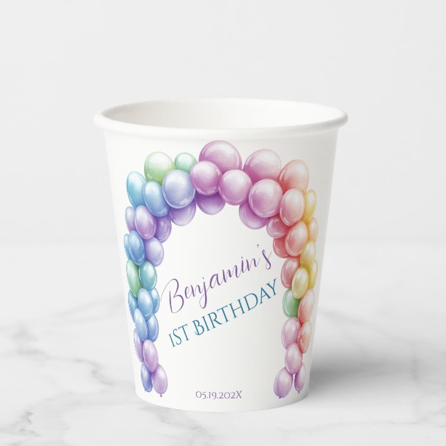 Teddy Bear 1st Birthday Colourful Balloons Paper Cups (Front)