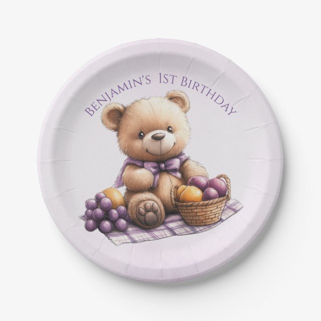 Teddy Bear 1st Birthday Colourful Balloons Paper Plate (Front)