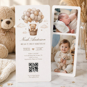 Teddy Bear 1st Birthday Neutral Boho Theme QR Invitation