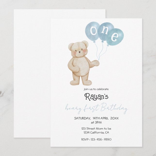 Teddy Bear 1st Birthday Party for Baby Boy  Invitation (Front/Back)