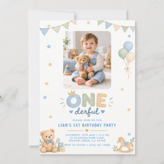 Teddy Bear 1st Birthday Photo Invitation