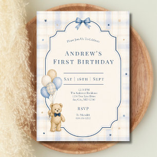 Teddy Bear 1st First Birthday Baby Boy Invitation