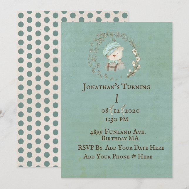 Teddy Bear 1st First Birthday Personalise Birthday Invitation (Front/Back)
