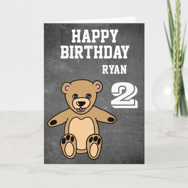 Teddy Bear 2nd Birthday Chalkboard Happy Birthday Card (Front)