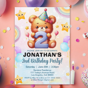 “Teddy Bear 2nd Birthday   Cute Watercolor Balloon Invitation