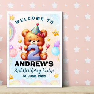 Teddy Bear 2nd Birthday Party Cute Watercolor be Poster