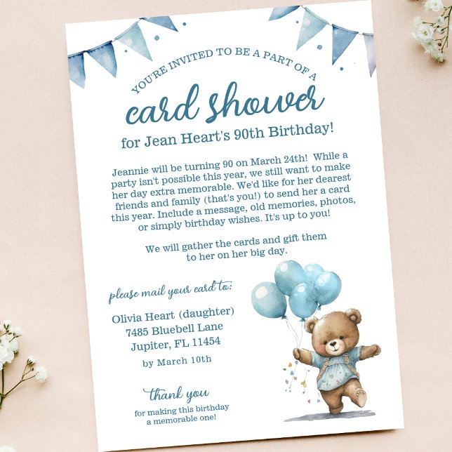 Teddy Bear 90th Birthday Card Shower Invitation (Creator Uploaded)