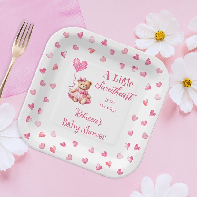 Teddy Bear A Little Sweetheart Girl Baby Shower Paper Plate (Teddy Bear Pink Hearts Girl Baby Shower Paper Plates - "A Little Sweetheart" Teddy Bear Collection)