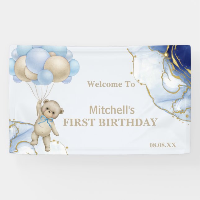 Teddy Bear Abstract Blue Gold Balloon Welcome Banner (Horizontal)