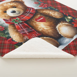 Teddy Bear Add Child's Name To His Heart Christmas Sherpa Blanket