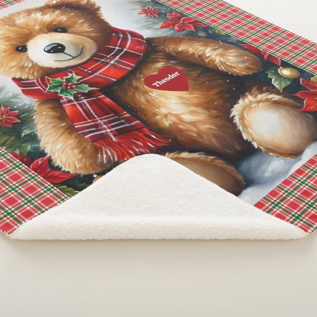 Teddy Bear Add Child's Name To His Heart Christmas Sherpa Blanket (3/4)