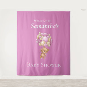 Teddy Bear Adventure Pink Balloons Baby Shower Tapestry