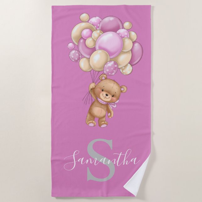 Teddy Bear Adventure Pink Balloons   Beach Towel (Front)