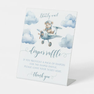 Teddy bear aeroplane baby boy shower diaper raffle pedestal sign