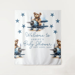 Teddy Bear Aeroplane Baby Shower Backdrop Tapestry