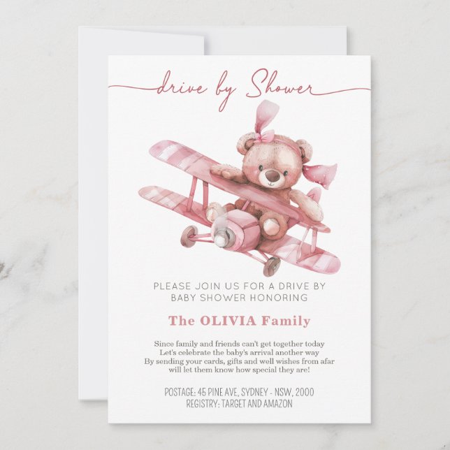 Teddy Bear Aeroplane | Baby Shower by Mail Pink Invitation (Front)