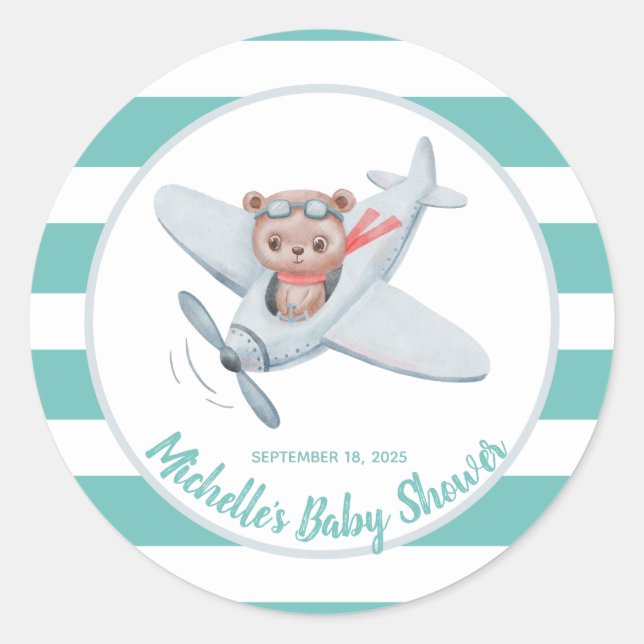 Teddy Bear Aeroplane Baby Shower Gender Neutral   Classic Round Sticker (Front)