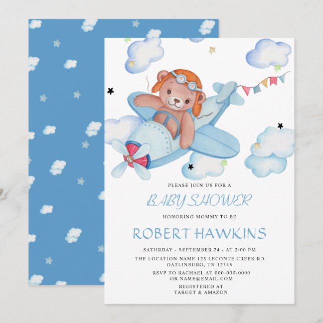 Teddy Bear Aeroplane Baby Shower Invitation (Front/Back)