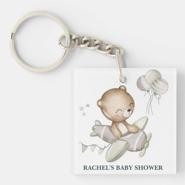 Teddy Bear Aeroplane Baby Shower Keychain  (Front)