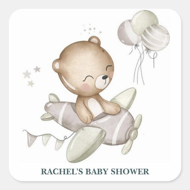 Teddy Bear Aeroplane Baby Shower Sticker (Front)