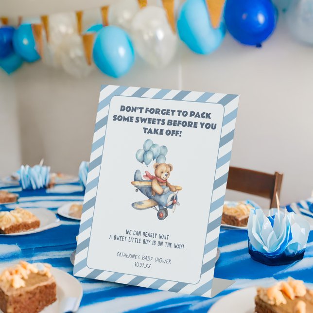 Teddy Bear Aeroplane Balloons Boy Baby Shower Favo Pedestal Sign (Creator Uploaded)