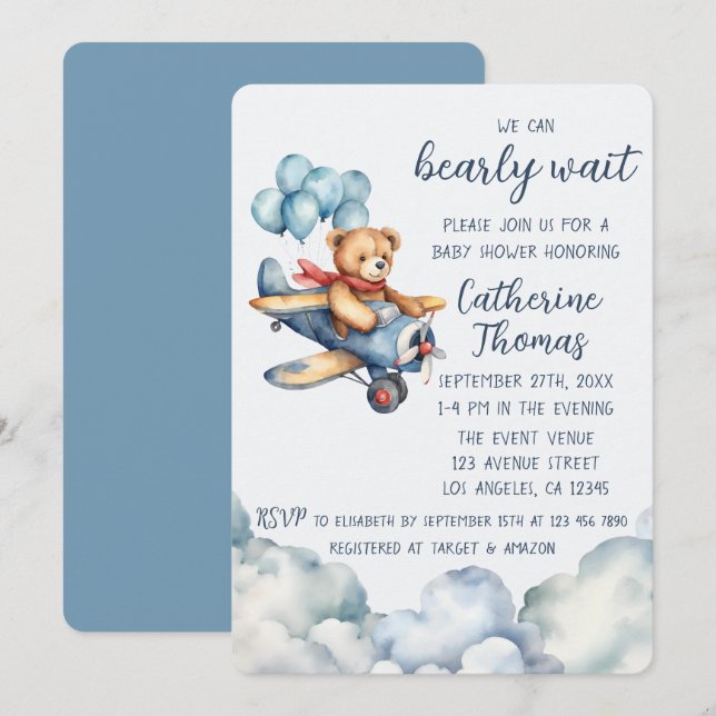 Teddy Bear Aeroplane Balloons Boy Baby Shower Invitation (Front/Back)