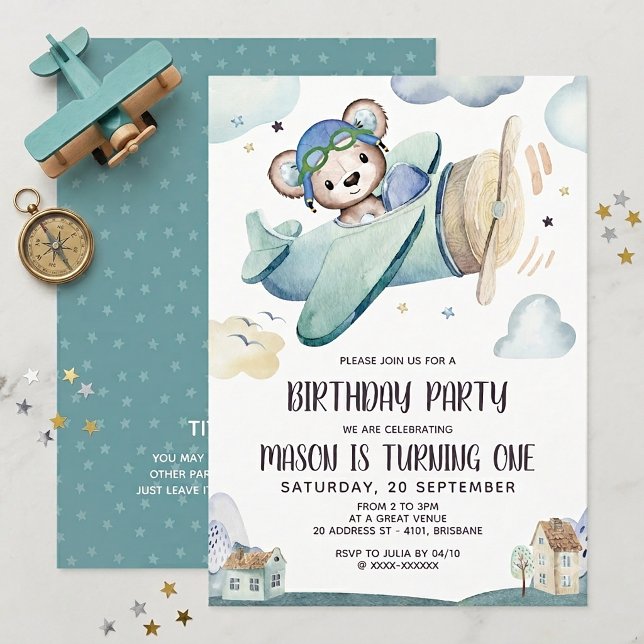 Teddy Bear Aeroplane Birthday Invitation (Creator Uploaded)