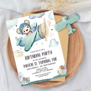 Teddy Bear Aeroplane Birthday Invitation