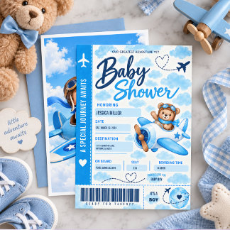 Teddy Bear Aeroplane Boarding Pass Boy Baby Shower Invitation