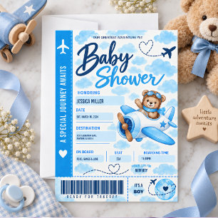 Teddy Bear Aeroplane Boarding Pass Boy Baby Shower Invitation