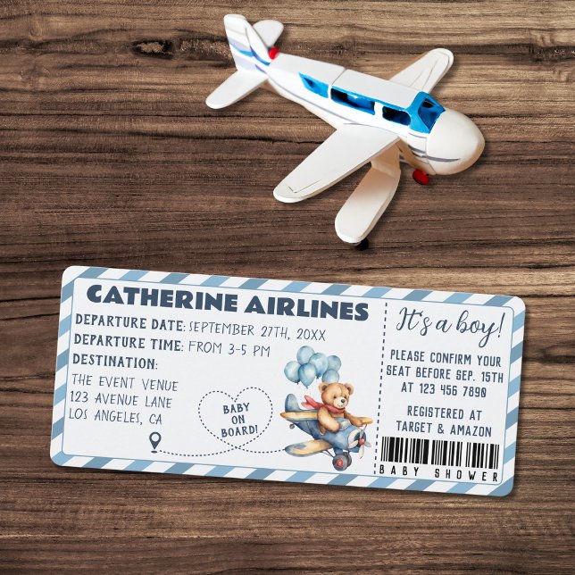 Teddy Bear Aeroplane Boarding Pass Boy Baby Shower Invitation (Creator Uploaded)