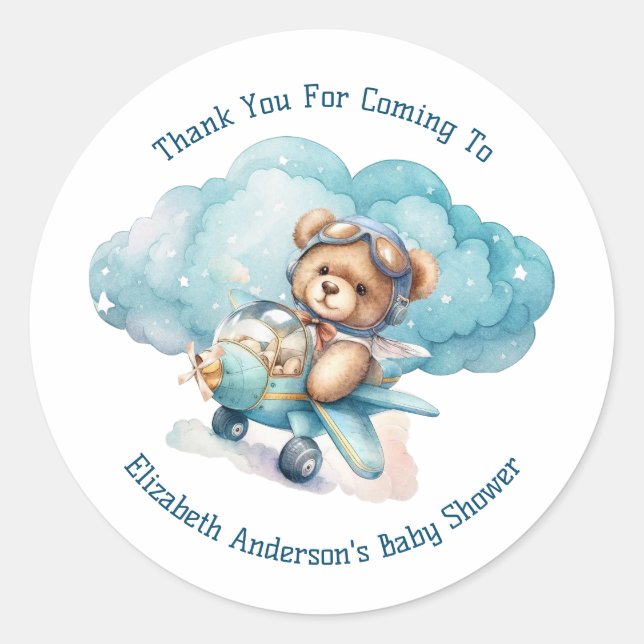 Teddy Bear Aeroplane Boy Baby Shower Classic Round Sticker (Front)