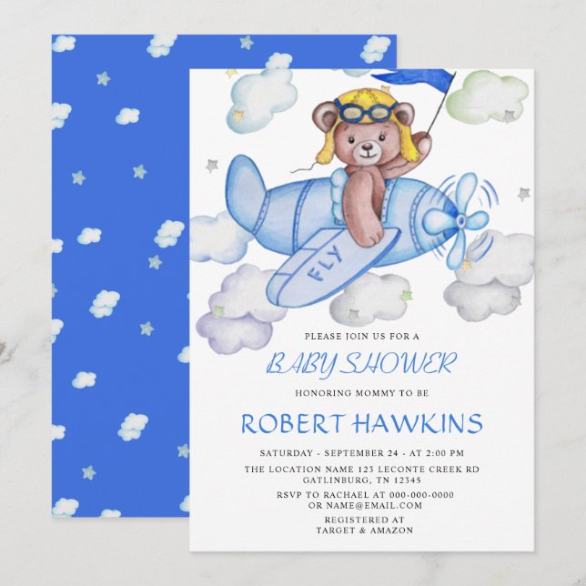 Teddy Bear Aeroplane EDITABLE Baby Shower Invitation (Front/Back)